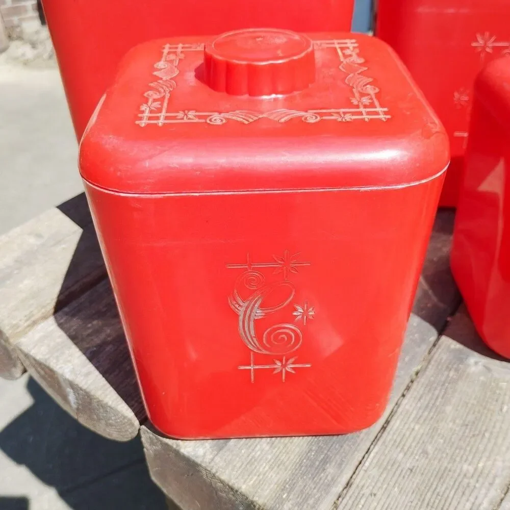 Four Vintage Lustro Ware Canister Set Mid Century Red Plastic Lids Flour Sugar +